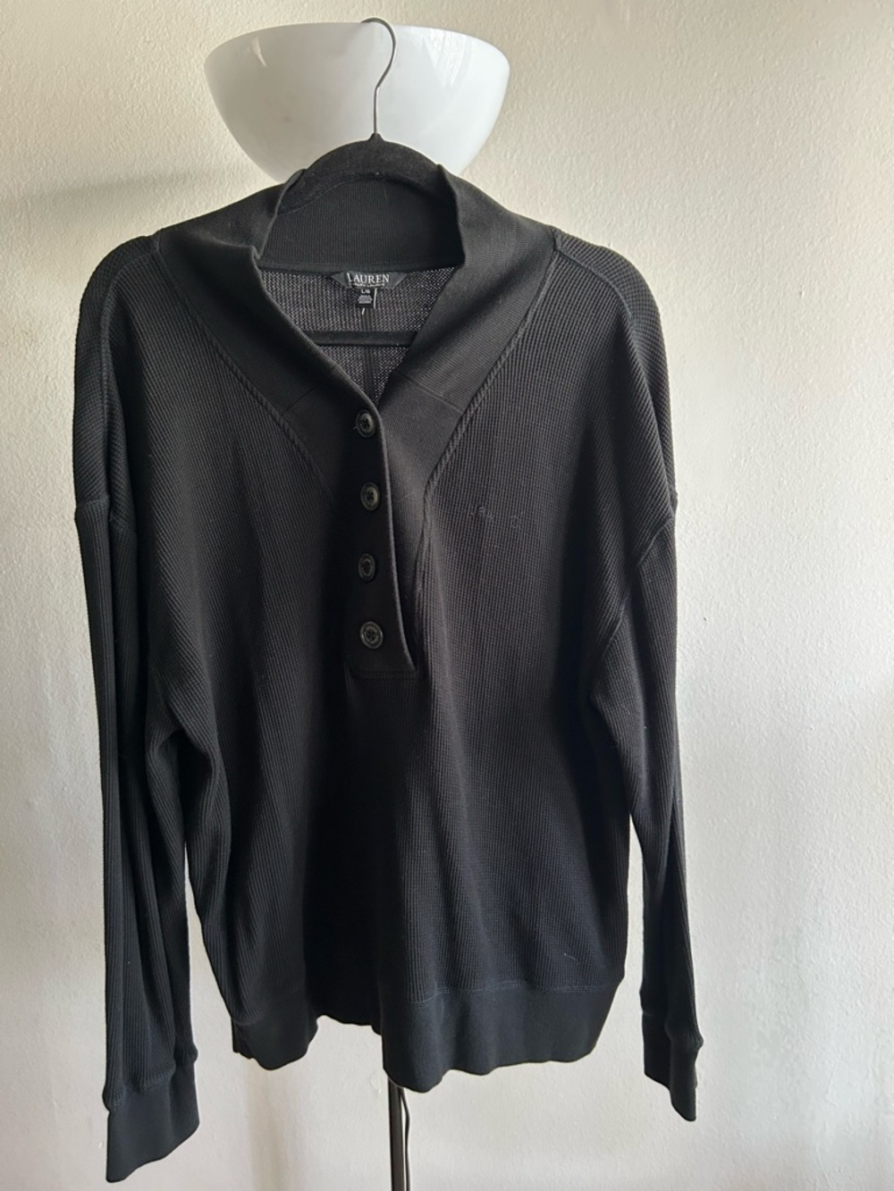 Lauren Ralph Lauren Black Textured Waffle Henley Pullover